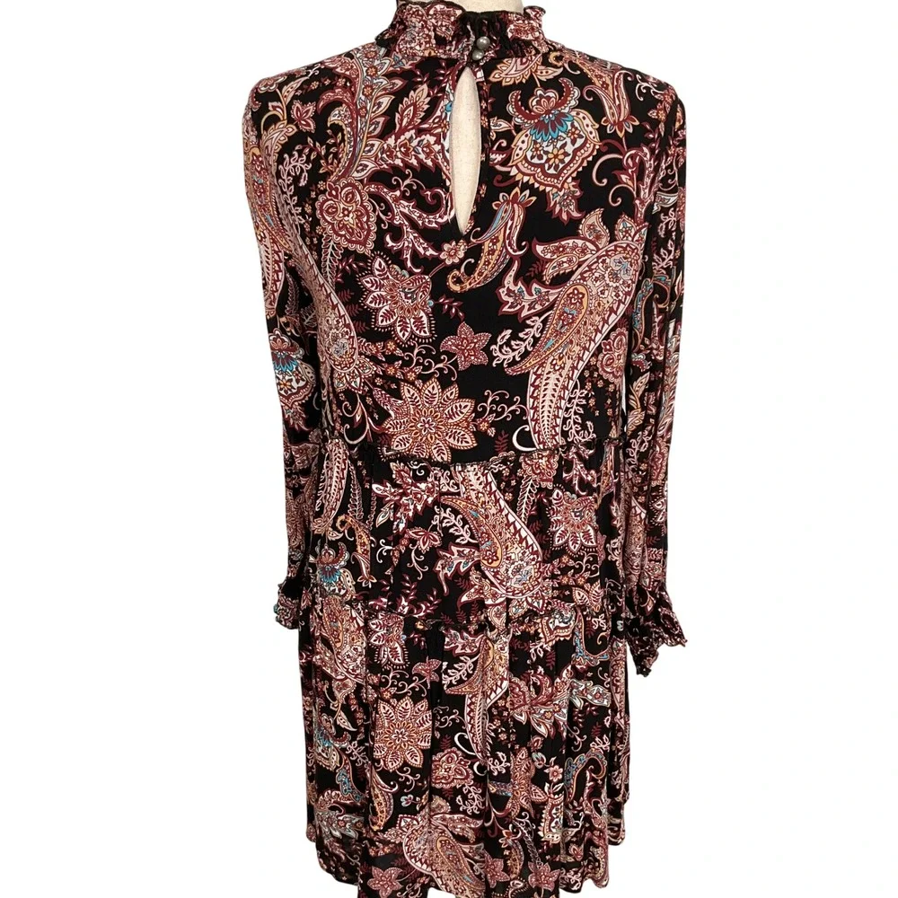 Anthropologie Dress Womens Small Black Red Paisley Mock Ruffle Peasant Prairie‎